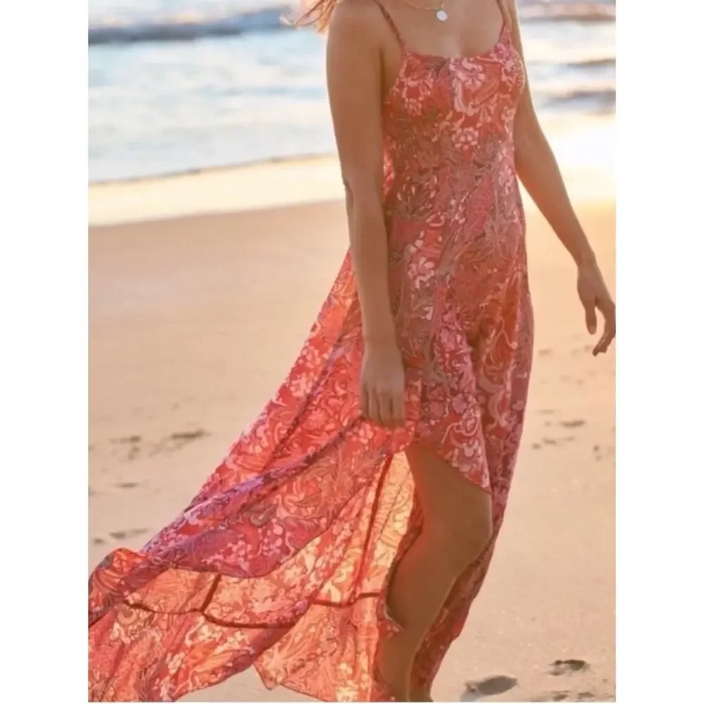 Free People Intimately Forever Yours Paisley Ruffle Maxi Slip Dress Red Pink M